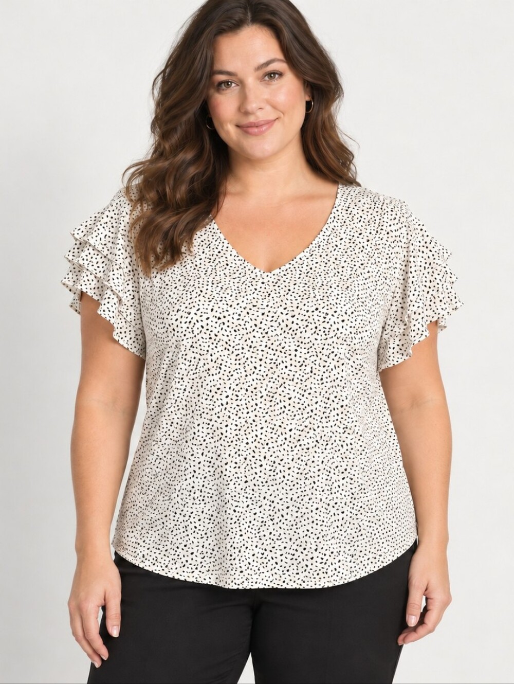 Adrianna Papell White Black Speckled Ruffle V-Neck Blouse L A376